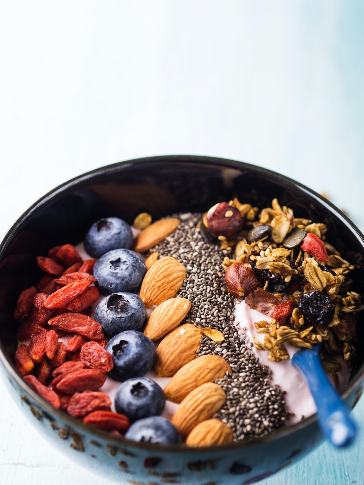 Yogurt smoothie bowl with berries, chia, granola