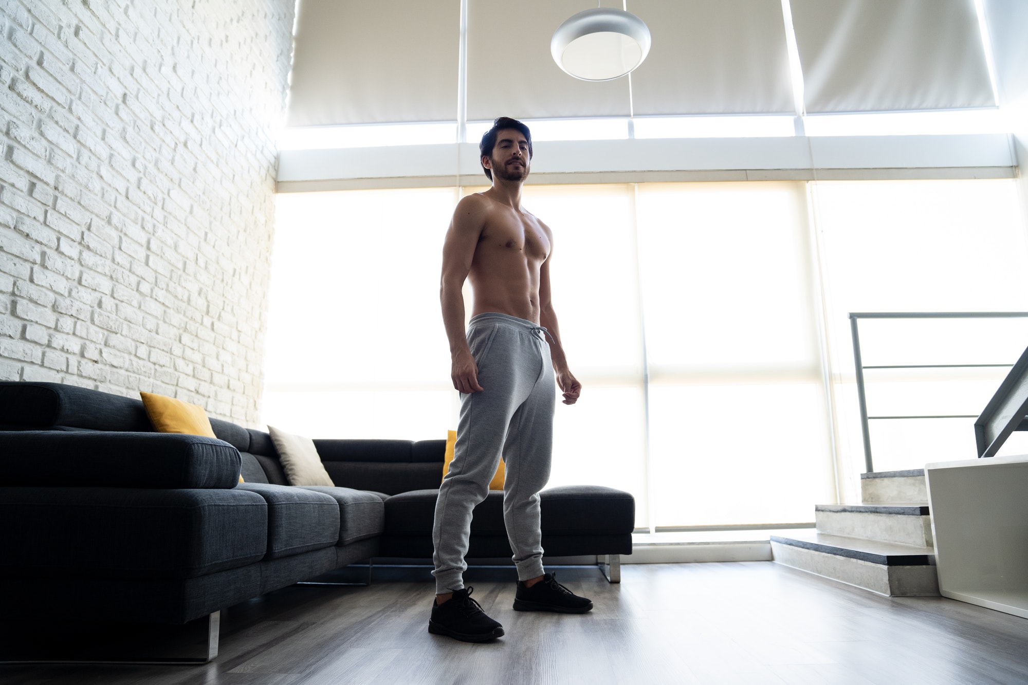 Young White Shirtless Athletic Man Ready To Workout At Home